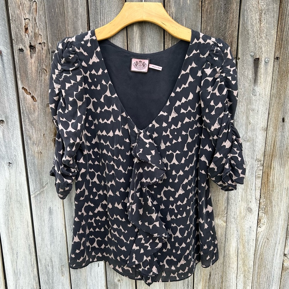 Juicy Couture Heart Print Blouse Silk Black Cream 8